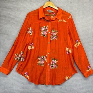 NWT Fig & Flower Anthropologie Floral Embroidered Button Up Shirt M Boho Orange